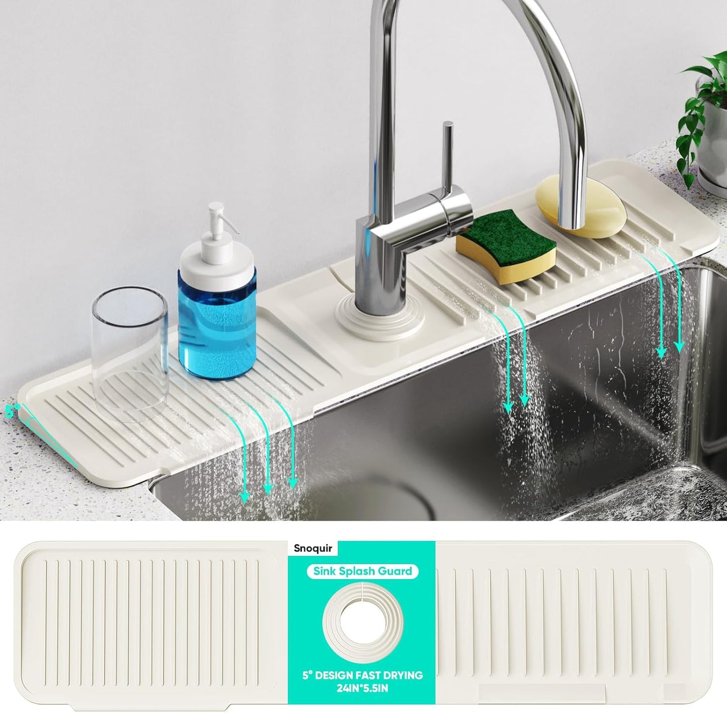 24 Inch Longer Faucet Mat for Kitchen Sink [5° Slope Fast Self-draining]Bathroom Kitchen Sink Splash Guard Silicone Sinks Faucet Mat Splash Guard for Kitchens Sinks Area Tidy Splashs Draining Mats