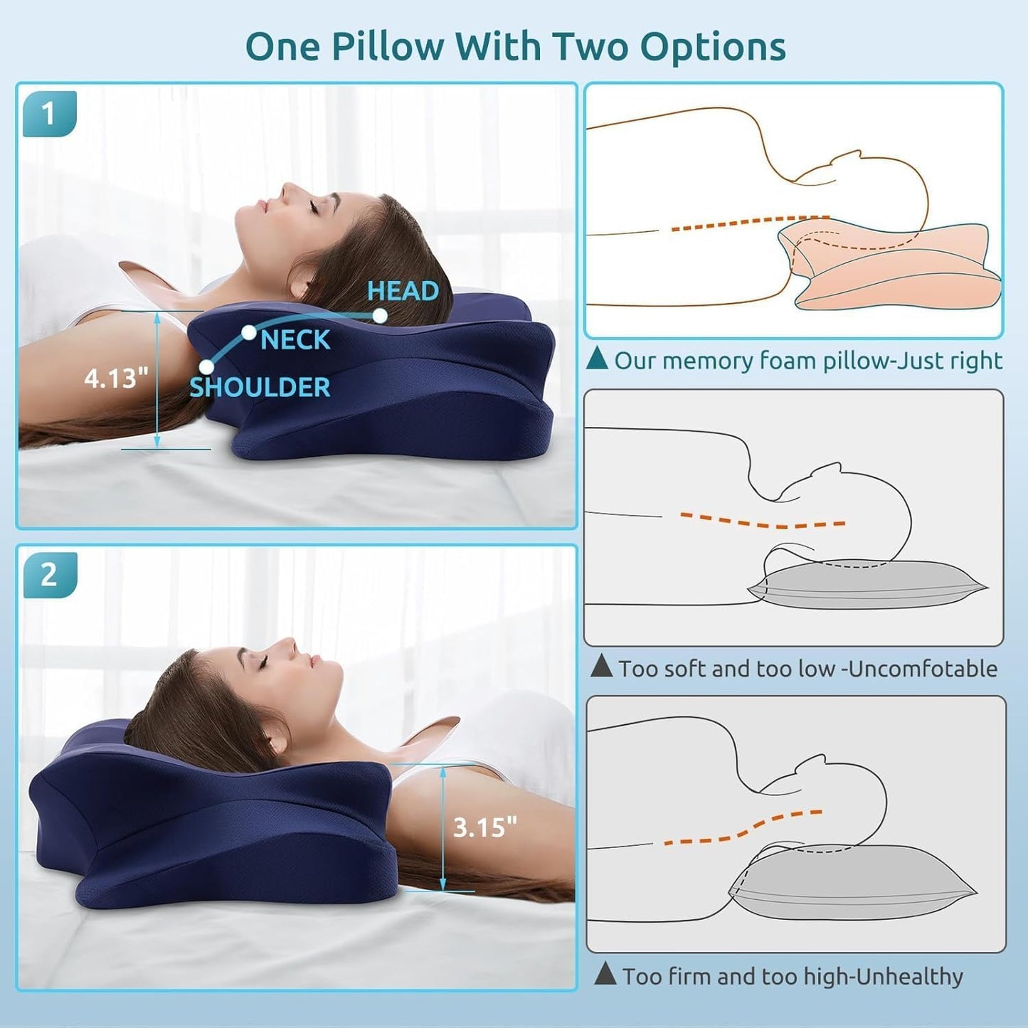 DONAMA Contour Cervical Neck Pillow for Neck Pain Relief | Queen,Ergonomic Dual-Height,Odorless Memory Foam,Side/Back/Stomach Sleepers,Cooling Hypoallergenic Cover,OEKO-TEX Certified