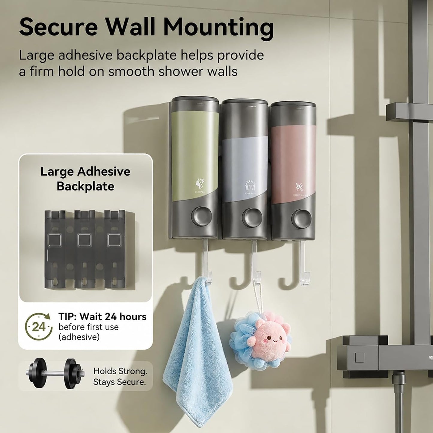 Shampoo and Conditioner Dispenser Wall Mounted with Hooks, 3-Chamber 1200ML Shower Soap Dispenser, No-Drill Bathroom Shower Organizer for Shampoo, Conditioner, Body Wash（Gun Grey）