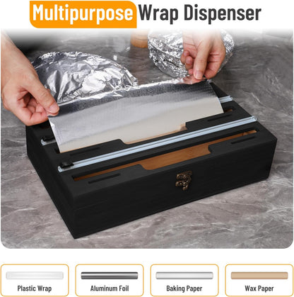 Allinside Magnetic Plastic Wrap Dispenser with Cutter, 3 in 1 Refrigerator Bamboo Wood Organizer for Tin Foil, Baking, Wax Paper Holder Kitchen Storage Box Compatible with 12.9" Roll, Black (3 Layer)