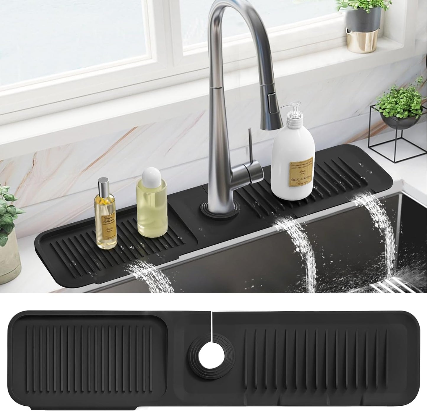 PoYang 23.6 Inch Silicone Sink Splash Guard, Kitchen Sink Mat, Light Grey | Faucet Mat with Wide Drainage & Cuttable Hole, Keeps Faucet Base Dry, Long & Short Sink Protectors for Kitchen, Bathroom & RV