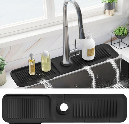 PoYang 23.6 Inch Silicone Sink Splash Guard, Kitchen Sink Mat, Light Grey | Faucet Mat with Wide Drainage & Cuttable Hole, Keeps Faucet Base Dry, Long & Short Sink Protectors for Kitchen, Bathroom & RV