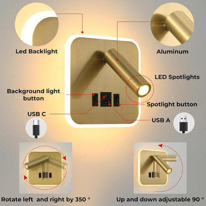 Wall Sconce Plug in with Wall Mounted Reading Lights,Modern Wall Lamp for Bedroom with Charging Station USB C+A Ports,Headboard Bedside Lamps with 3W+9W Night Light,3 Color Temperature