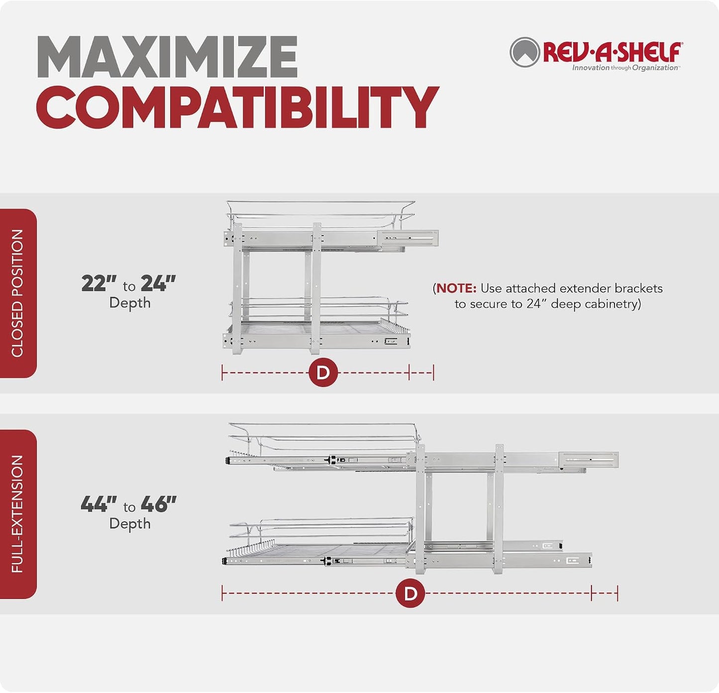 Rev-A-Shelf Pullout Organizer for Cabinets, Min Opening Width of 18" | STwo-Tier Steel Shelf for Kitchen or Vanity Cabinet Organization, Heavy Gauge Wire Slide Out Storage Basket, 5WB2-1822CR-1