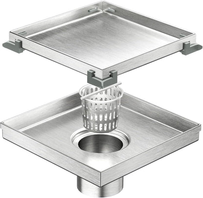 Neodrain 4" Brushed Square Shower Drain with Removable Tile Insert Grate | 304 Stainless Steel Tile Square Drain, Hidden Drain,Easy to Clean, Waterproof & Sturdy Shower Drain, CUPC Certified