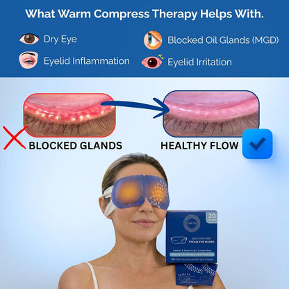Rain - Heated Eye Mask for Dry Eyes, Self Heating Steam Eye Masks Disposable, Warm Compress for Eyes, Stye Treatment, Moist Heat, Unscented, No Microwave, Travel Ready (20 Masks)