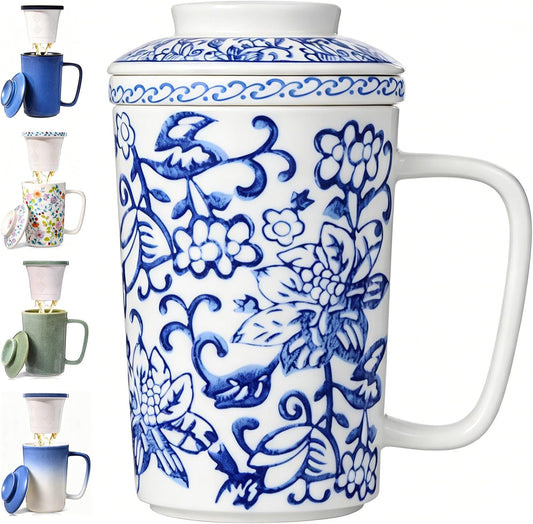 Ceramic Tea Mug with Infuser and Lid,16oz Porcelain Loose Leaf Tea Cup with Large Handle,Metal-Free Filter,Microwave &Dishwasher Safe,Perfect for Tea,Coffee (Sage Green)