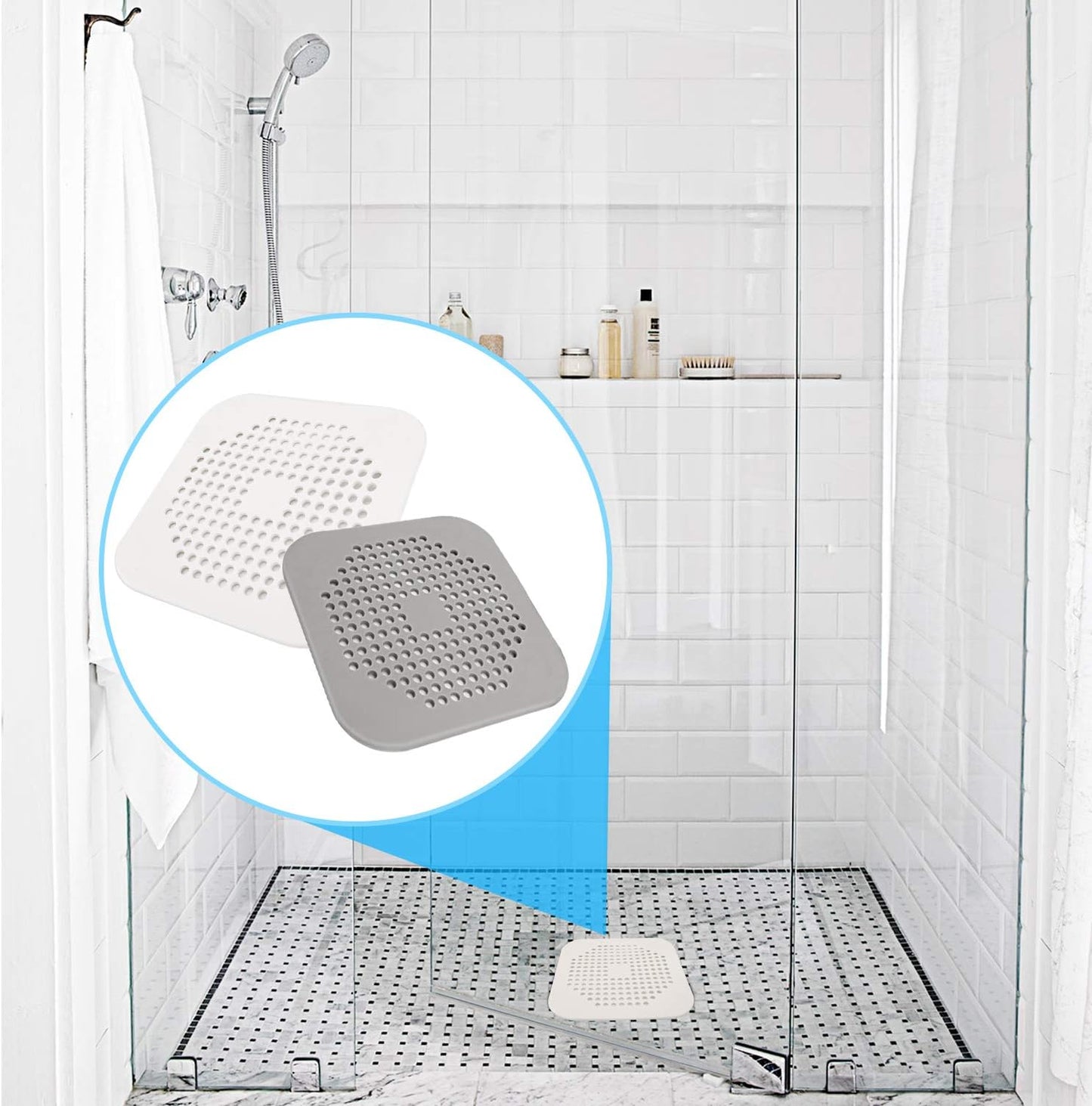Square Drain Cover for Shower 5.7-inch TPR Drain Hair Catcher Flat Silicone Plug for Bathroom and Kitchen Filter Shower Drain Protection Flat Strainer Stopper with Suction Cups 2 Pack (Grey)
