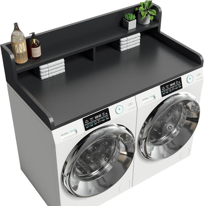 2-Tier Washer Dryer Countertop with 2.75" H Edge Rails, 54" W x 27.55" D Laundry Countertop for Folding Clothes, Washer and Dryer Topper with Non-Slip Pad (Dark Walnut)
