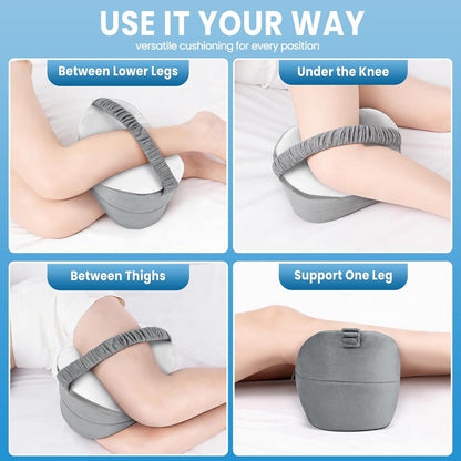 Knee Pillow for Side Sleepers with Strap, Supportive Memory Foam Leg Pillow for Side Sleeping & Spine Support, Ergonomic Curved Design for Hips and Back, Light Grey