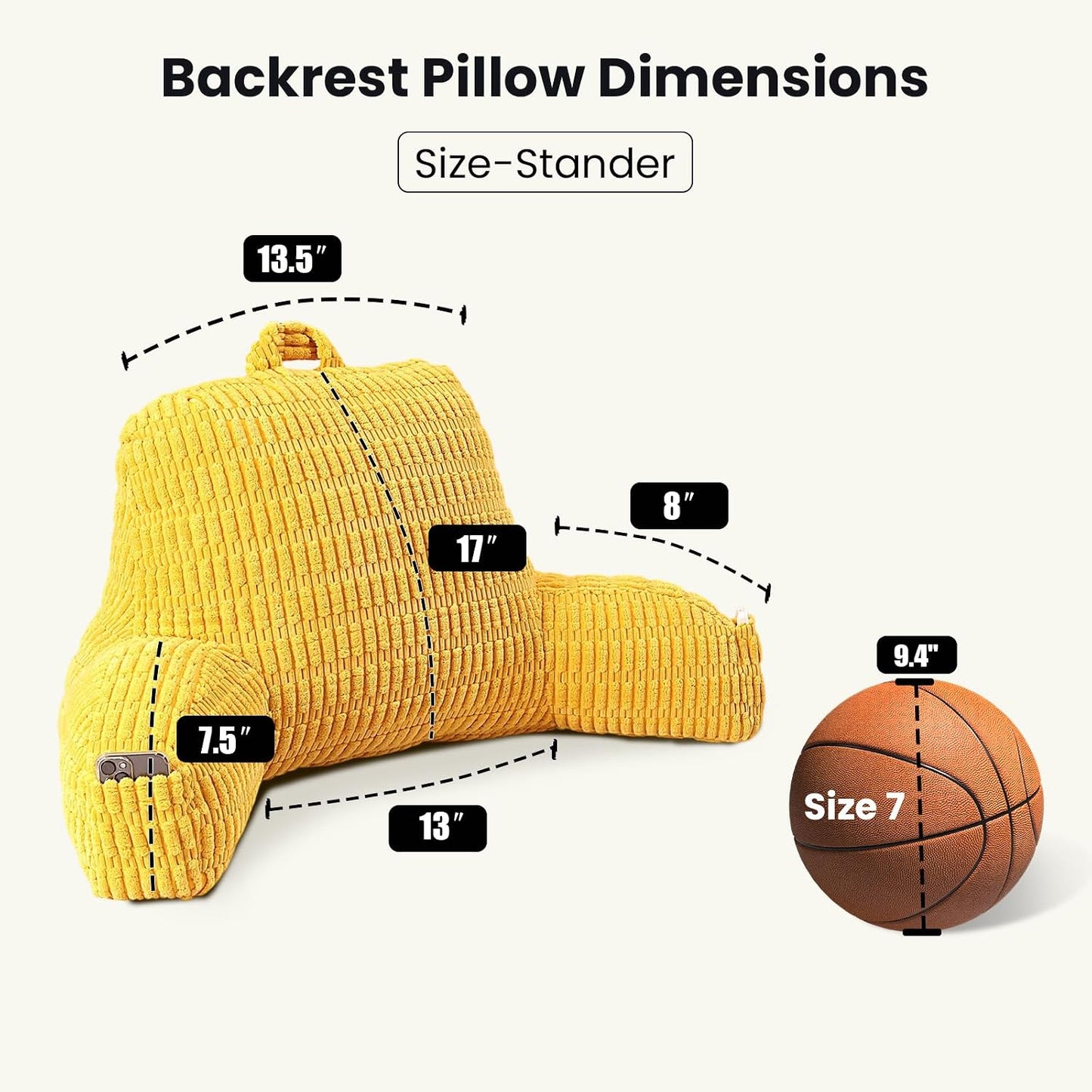 Reading Pillow with Arms for Sitting in Bed,Backrest,White Flannel,M | 17" Backrest Supports Back for College Students,Elbows & Forearms for Dorm Reading,Gaming,Watching TV