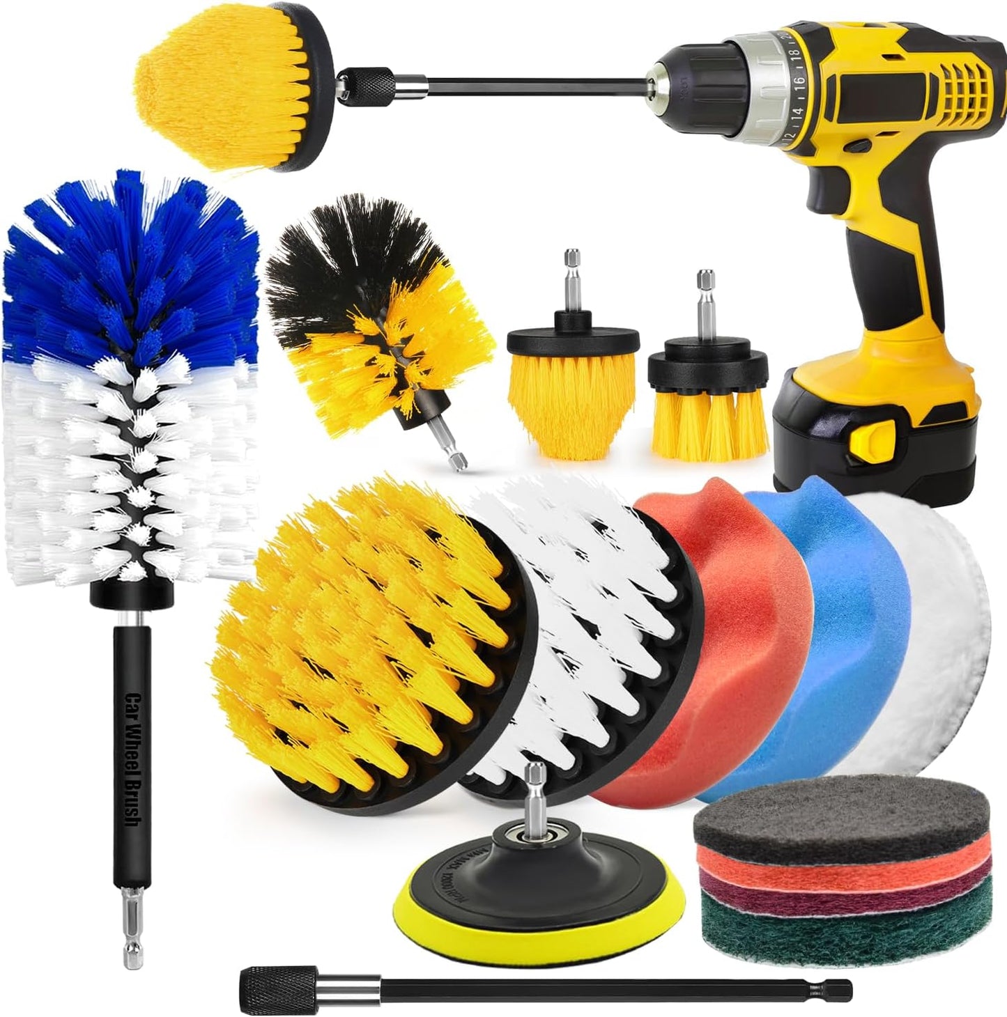 30Pcs Drill Brush Attachment Set,Drill Scrubber Brush Kit Include Scrub Pads, Sponge, Extend Attachment, Drill Cleaning Brush Attachment Set for Bathroom, Tub, Tile, Corner, Floor, Grout, Boat