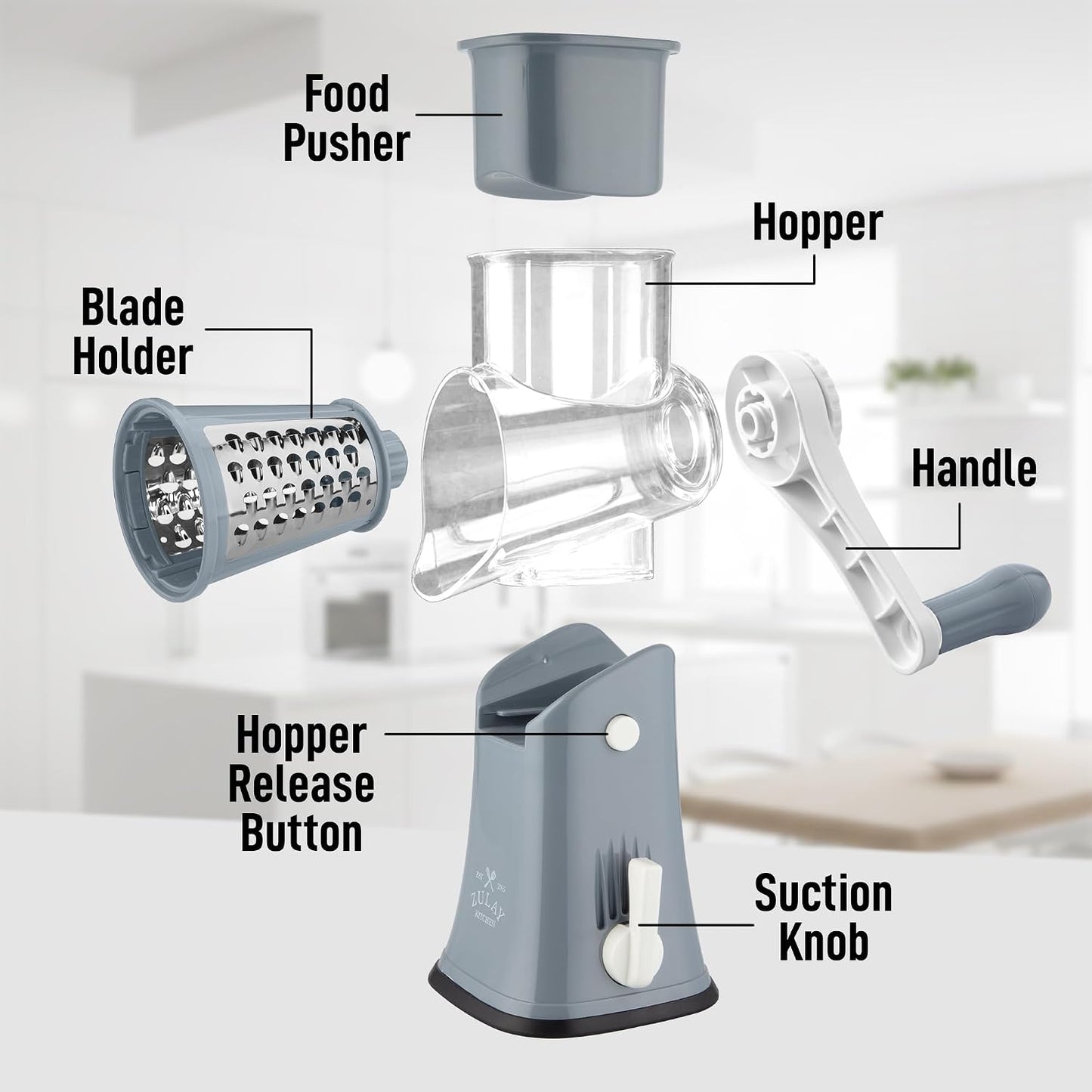 Zulay Kitchen Rotary Cheese Grater 5 Blade Cheese Shredder - Manual Hand Crank Cheese Grater With Reinforced Suction & 5 Interchangeable Drums - Easy to Use, Vegetable Chopper Round Mandoline Slicer - Colors B