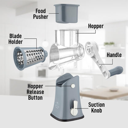 Zulay Kitchen Rotary Cheese Grater 5 Blade Cheese Shredder - Manual Hand Crank Cheese Grater With Reinforced Suction & 5 Interchangeable Drums - Easy to Use, Vegetable Chopper Round Mandoline Slicer - Colors B