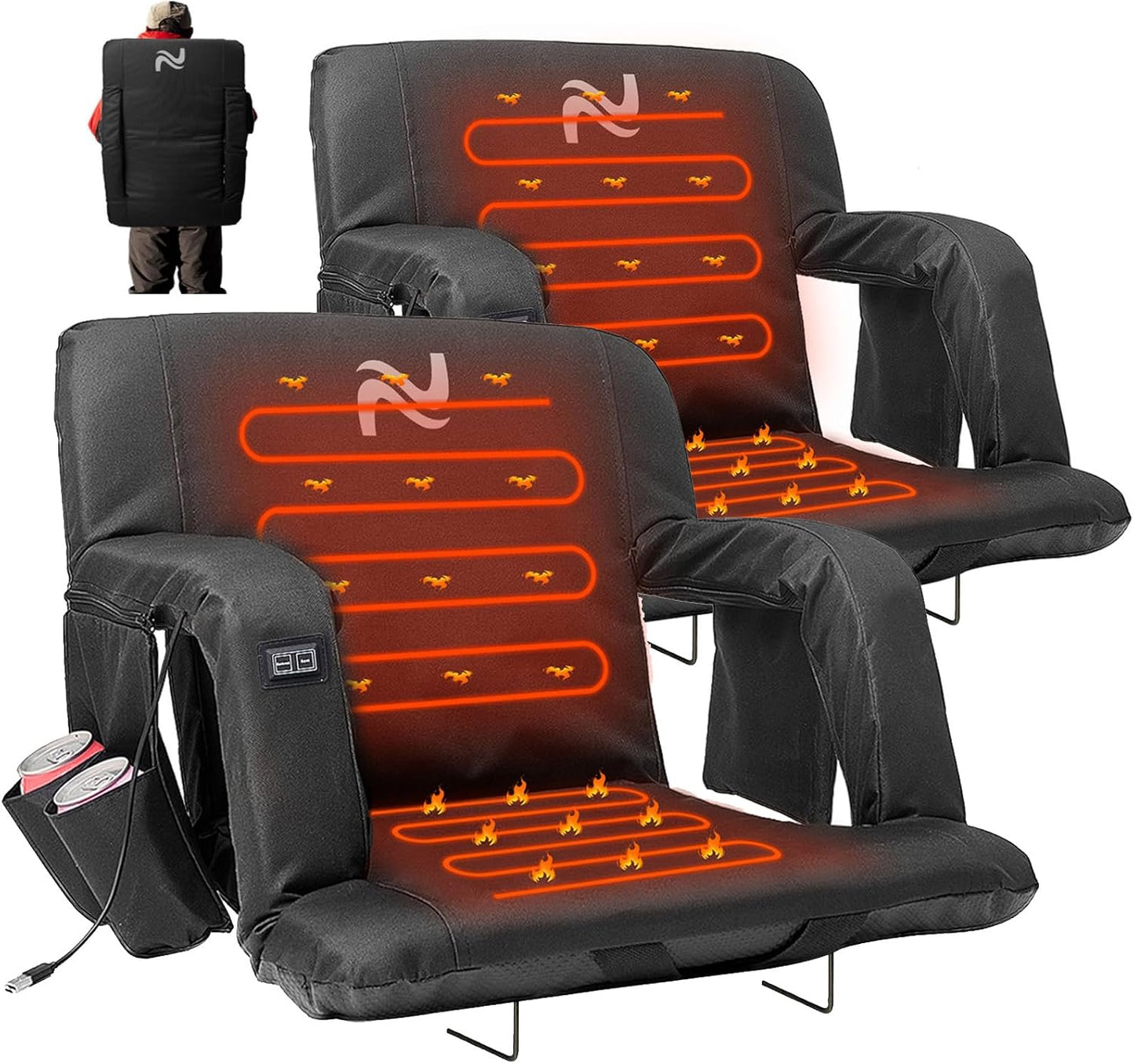 25in 5.12" Extra Thick&Wide Heated Stadium Seat for Bleachers | Sofa Style Design Thick Bleacher Chair With Back and Comfy Cushion, 6 Reclining Positions, 3 Heat Levels (NO Battery)