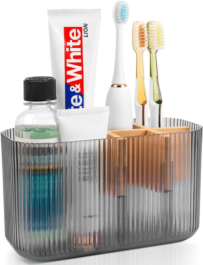 GFWARE Toothbrush Holders for Bathrooms - Bamboo Divider Toothbrush and Toothpaste Holder with Drainage, Kids Electric Toothbrush Organizer for Bathroom Countertop, White Tooth Brush Holder | 5 Slots Toothbrush and Toothpaste Holder with Bamboo Divider,