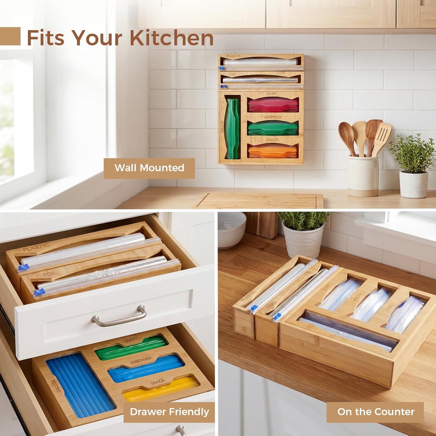 6-in-1 Bamboo Kitchen Drawer Organizer for Storage Bag, Foil & Plastic Wrap | Saran Wrap Dispenser with Cutter, Plastic & Grocery Bag Holder, Bamboo Drawer Organizer, Gallon/Quart Storage Bags