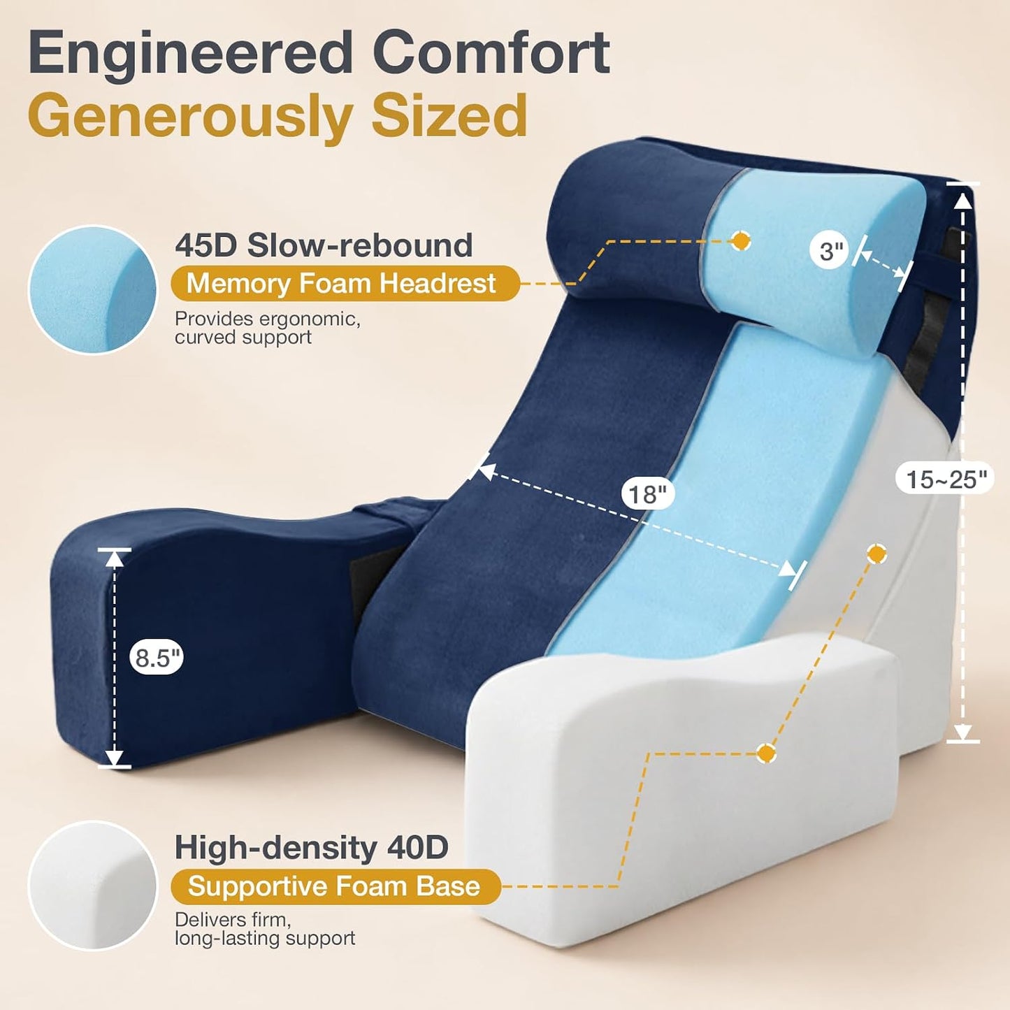 Sasttie 15-25 inch Adjustable Reading Pillow with Armrests, Dark Grey | Back Rest Pillow with Secure Side Straps, Memory Foam Back Support Cushion Bed Chair for Reading, Gaming & Relaxing