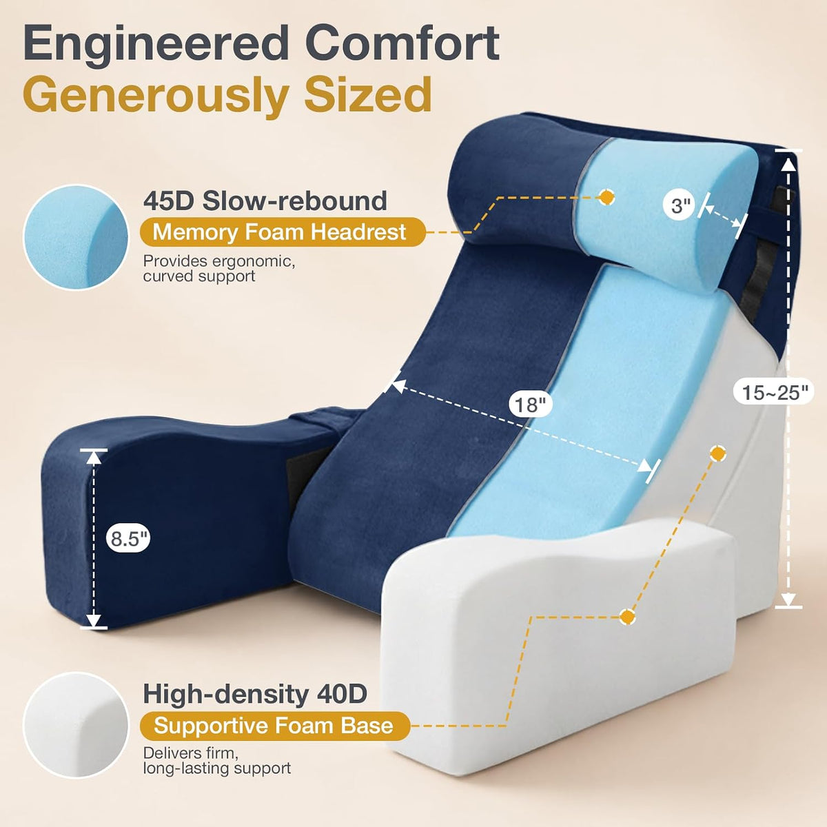 Sasttie 15-25 inch Adjustable Reading Pillow with Armrests, Dark Grey