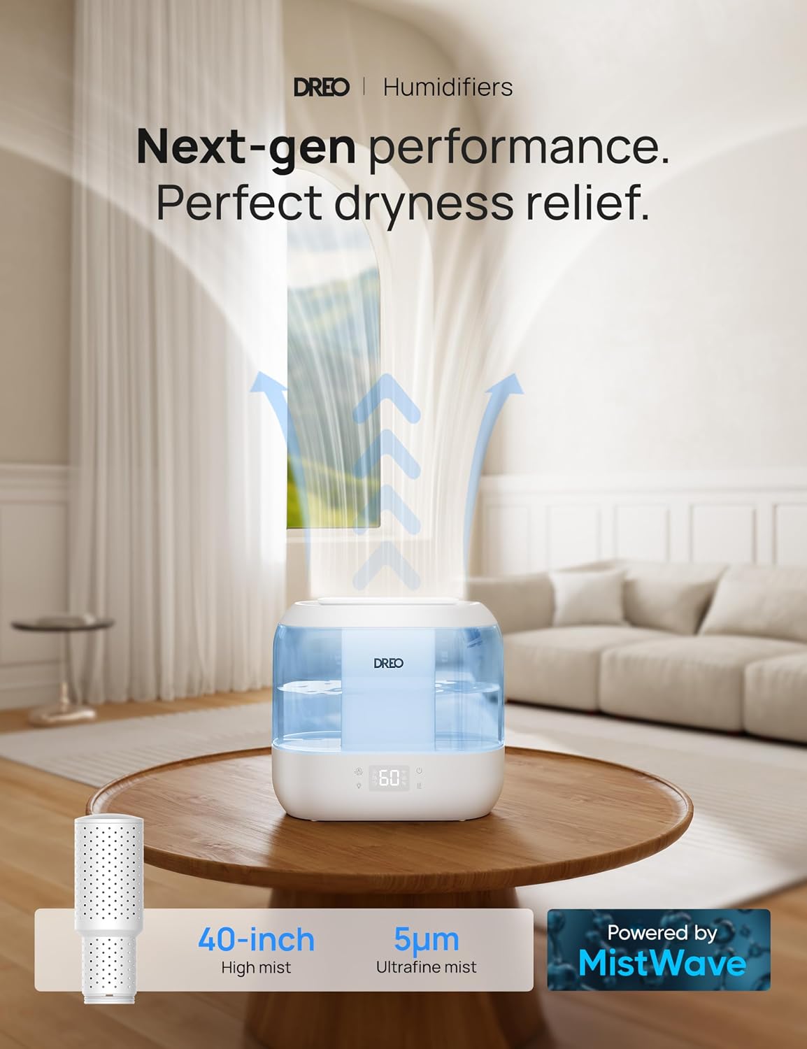 DREO Smart Humidifiers for Bedroom, 4L Cool Mist Humidifier