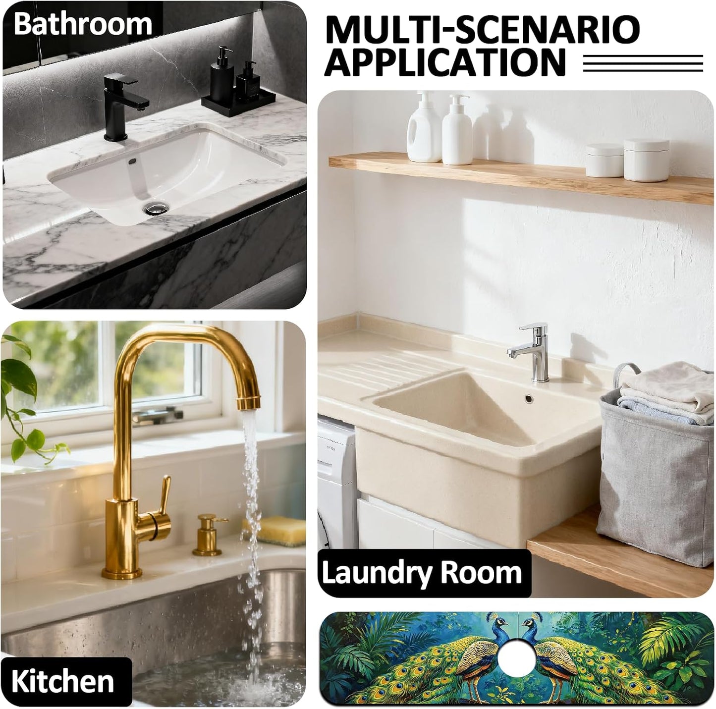 2Pcs Peonies Kitchen Sink Splash Guard Faucet Mat Vintage Florals Faucet Mat For Bathroom Kitchen 5.5x23.6In