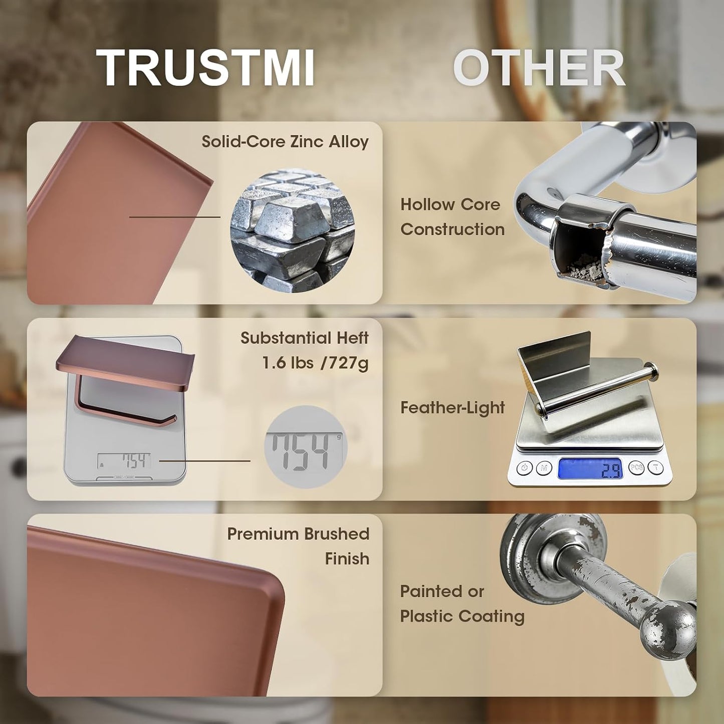 TRUSTMI Toilet Paper Holder with Phone Shelf, Zinc Alloy, Brushed Gold | Solid zinc alloy holder holds 15 lbs and fits jumbo rolls. Shelf stores phones and wipes for easy bathroom organization