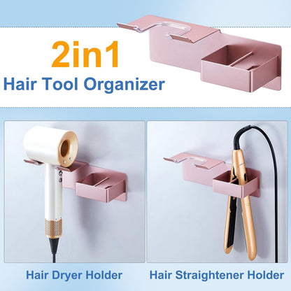 Hair Dryer Holder Wall Mounted, Hair Straightener Holder Metal, Adhesive Blow Dryer and Hair Straightener Holder, Bathroom Bedroom Hair Tool Organizer for Flat Iron,Curling Iron,Hairdryer (White)
