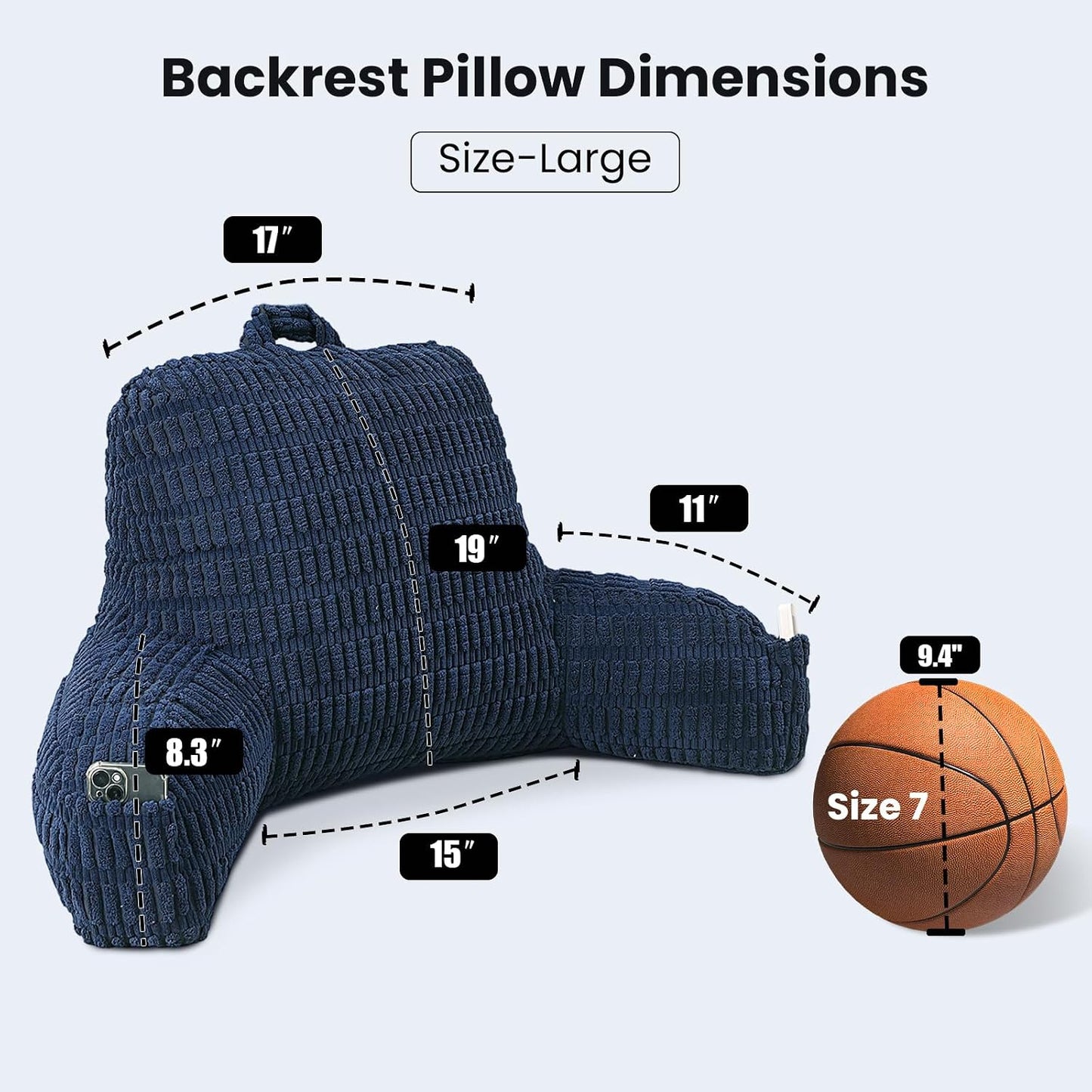 Reading Pillow with Arms for Sitting in Bed,Backrest,White Flannel,M | 17" Backrest Supports Back for College Students,Elbows & Forearms for Dorm Reading,Gaming,Watching TV