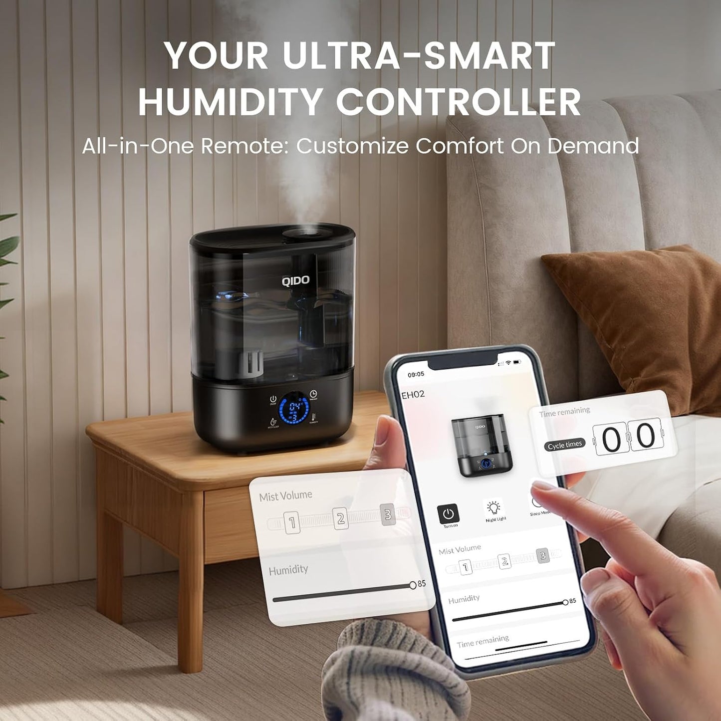 QIDO Top Fill Humidifiers for Bedroom, 5 L Cool Mist 36H Super Long Time, Quiet 28dB Essential Oil Diffuser for Baby & Plants, 3 Adjustable Mist with Touch/APP/7-color Nightlight, Auto Shut-off, White