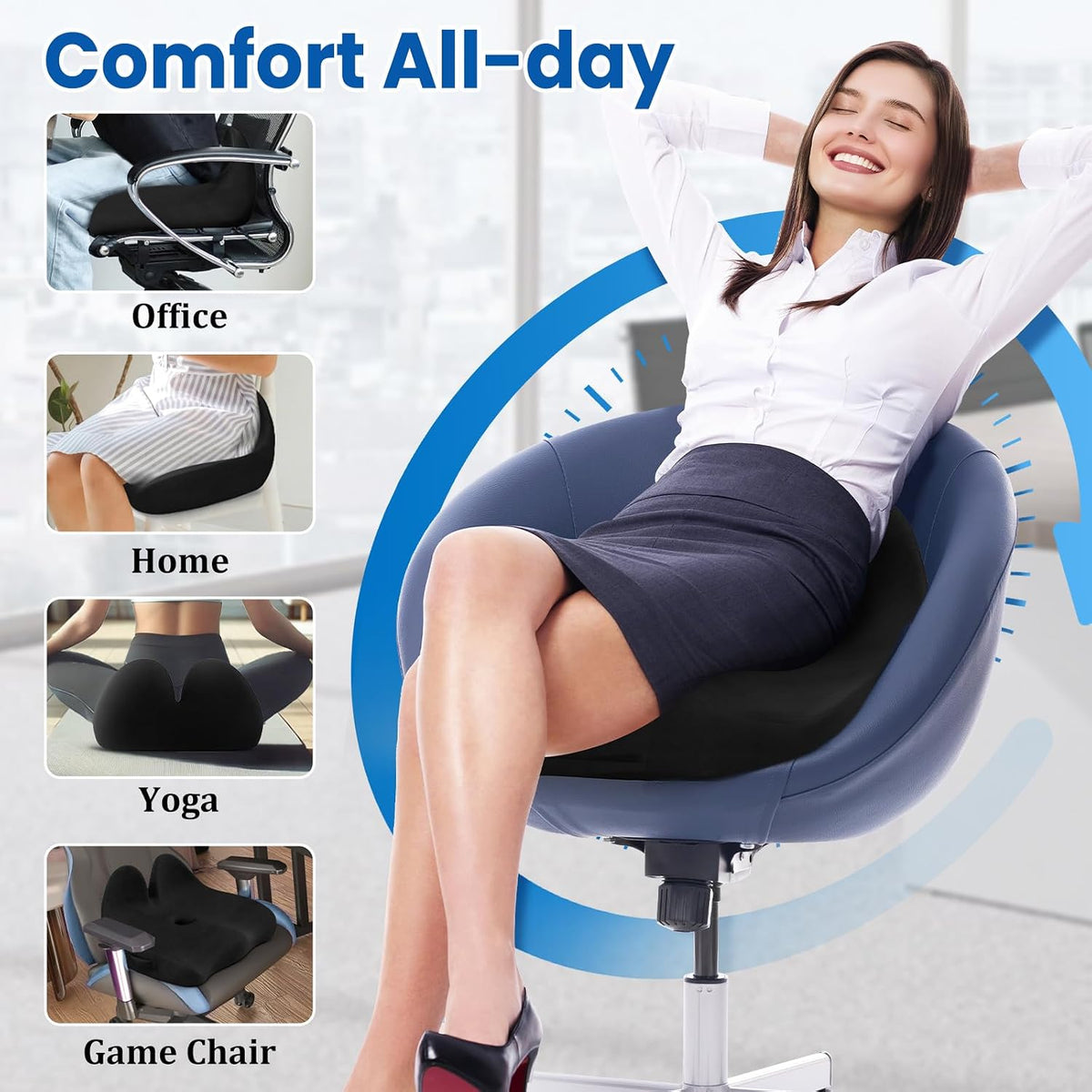 CushZone Ergonomic Seat Cushion, Sciatica Support for Office Chair, Black