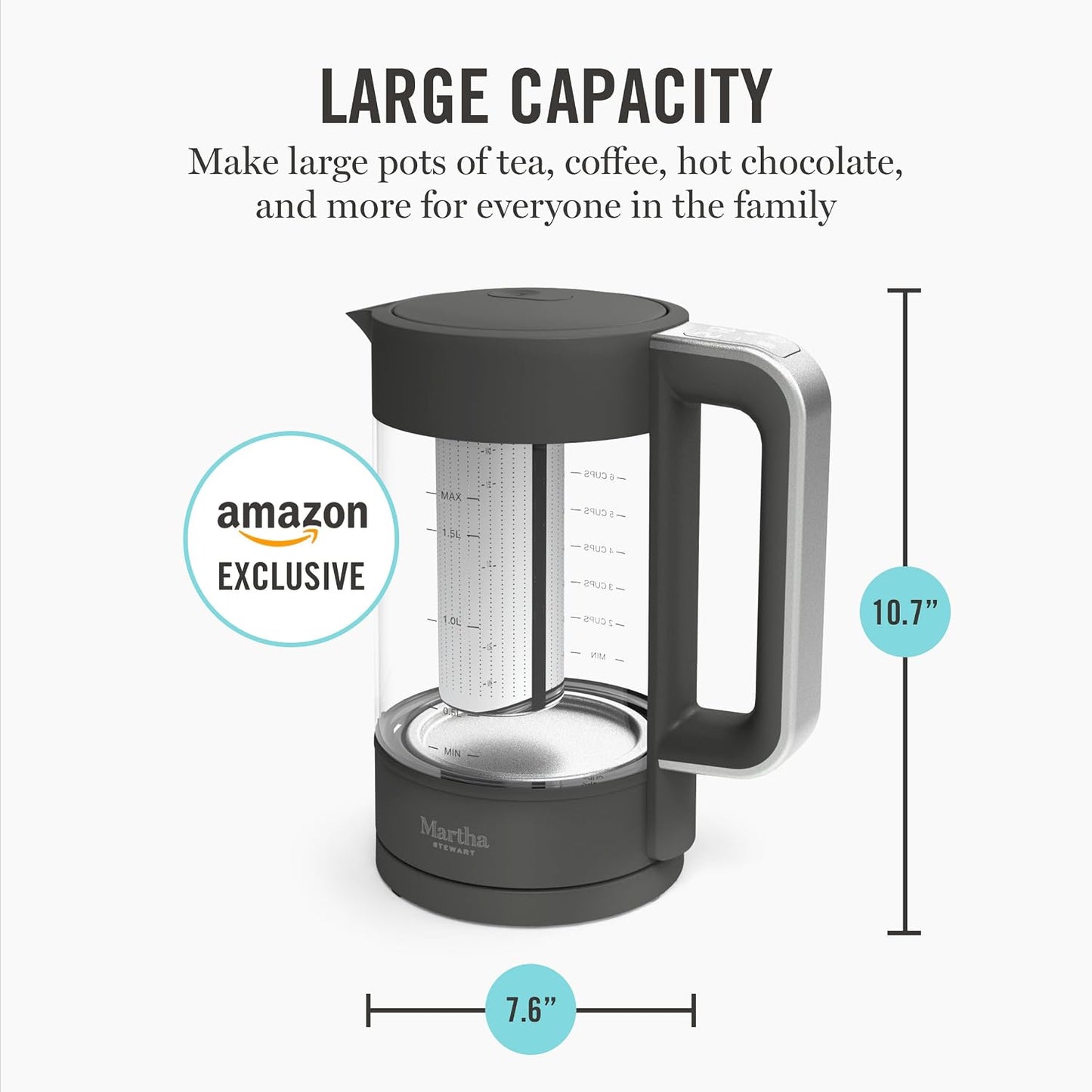 Martha Stewart 1.7L Glass Carafe Electric Kettle with Removable Tea Infuser | 7 Cups, 4 Presets, Rapid Boiling, Stainless Steel Tea Leaf Infuser, Cordless Swivel Base, Keep Warm, Auto Shut-Off, Linen