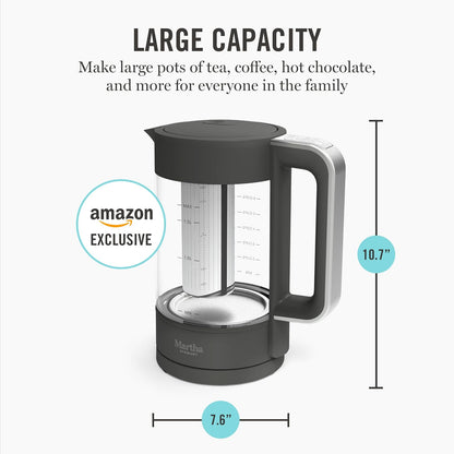 Martha Stewart 1.7L Glass Carafe Electric Kettle with Removable Tea Infuser | 7 Cups, 4 Presets, Rapid Boiling, Stainless Steel Tea Leaf Infuser, Cordless Swivel Base, Keep Warm, Auto Shut-Off, Linen