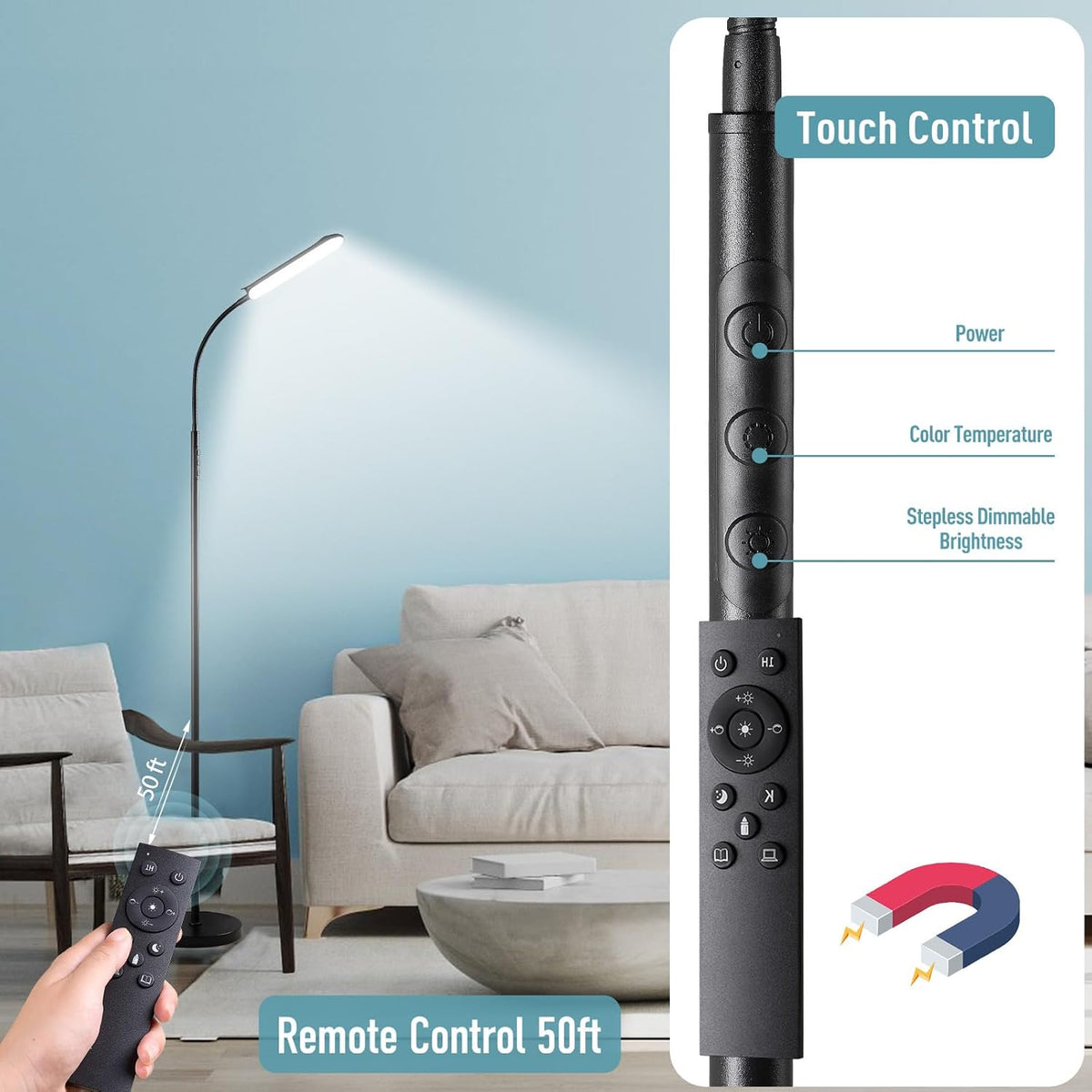 marctronic Floor Lamp, 18W 1800LM Super Bright LED Floor Lamp with Remote & Works with Smart Plug, Dimmable Timing Eye Caring Reading Lamps Floor Standing for Living Room Bedroom Office
