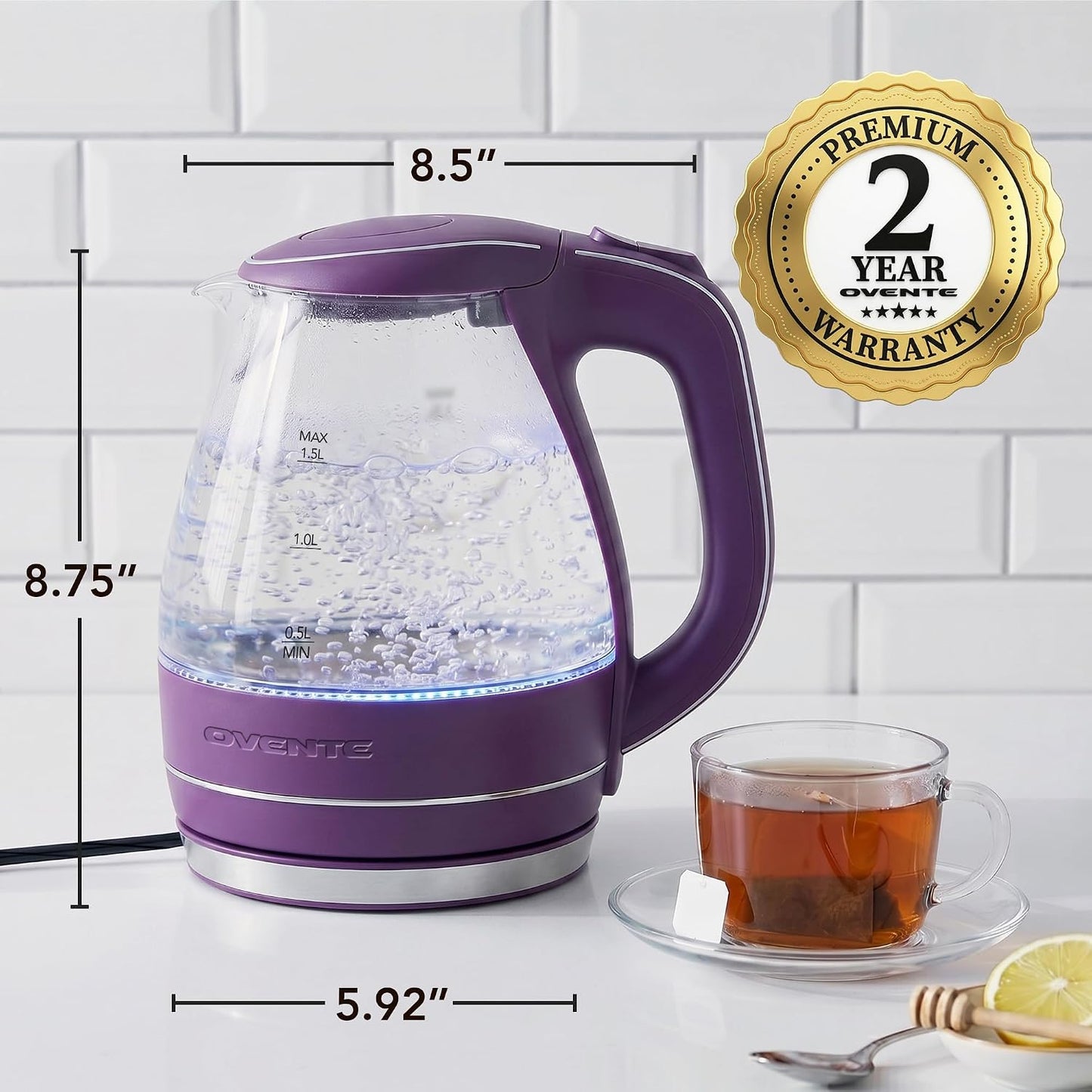OVENTE 1.5L Glass Electric Kettle Water Boiler, Black KG83B | 1100W Fast Boiling, Borosilicate Glass, BPA-Free, Blue LED, Auto Shut-Off, Boil-Dry Protection, Removable Filter, 360° Base