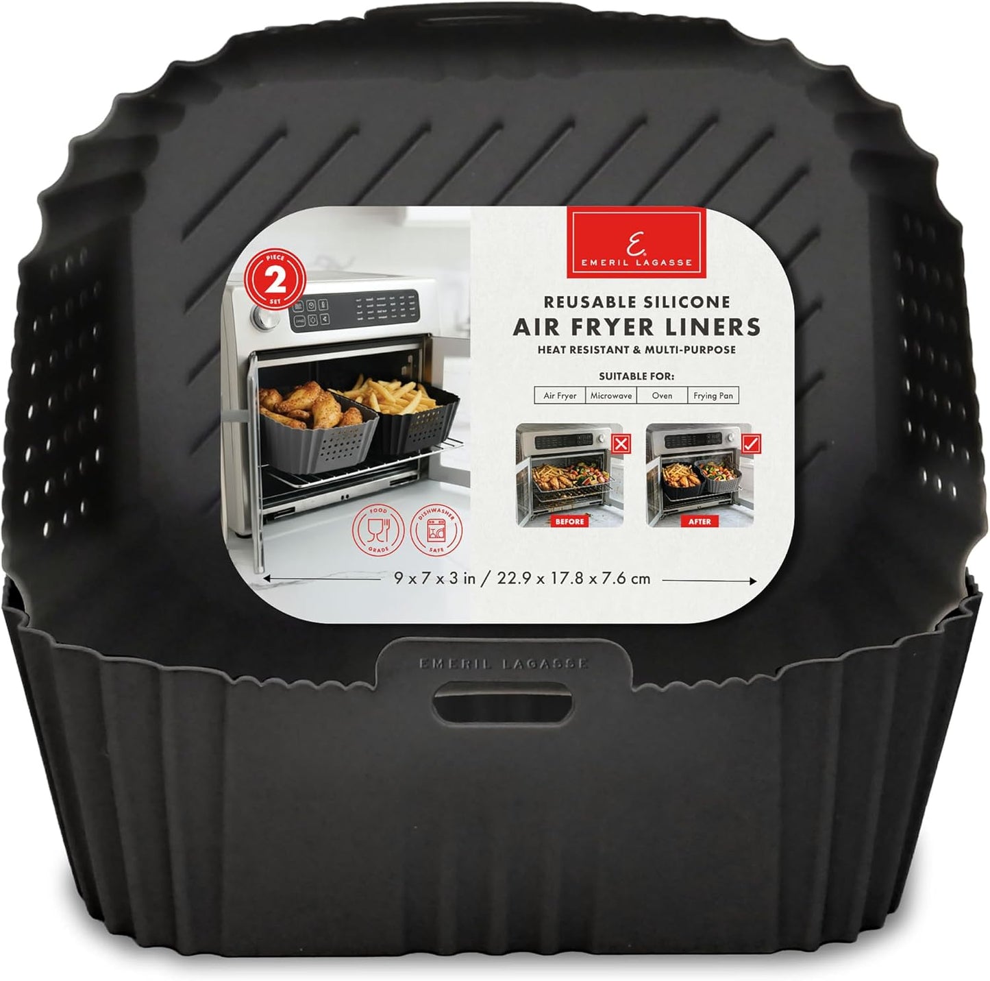 Reusable Silicone Air Fryer Liners for Emeril Lagasse Air Fryer Oven – Non-Stick Reusable Air Fryer Basket Liners – Dishwasher Safe – 9 x 7 x 3 Inch – 2 Pack – Black/Red