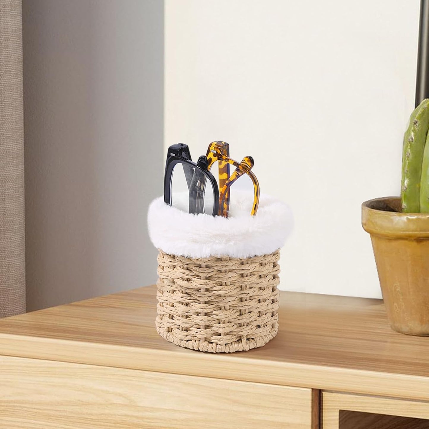SNOWSTAR Plush Lined Eyeglasses Holder Stand for Nightstand,Boho Protective Eyeglass Holder with 2 Compartments ﻿