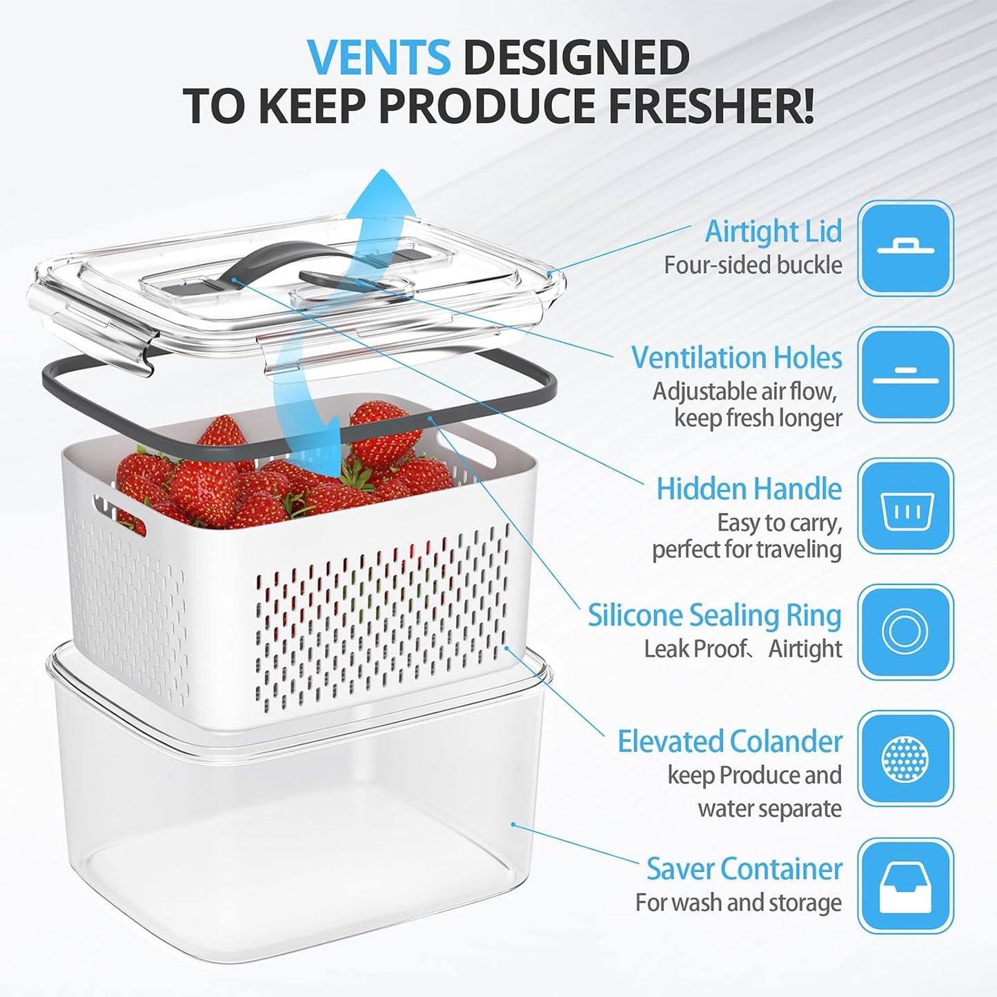damynuo 10Pack Fruit Storage Containers for Fridge - Berry Containers with Vent and Handle Lids, Fruit Containers for Fridge with Colander, lettuce keeper for Refrigerator Organizers and Storage