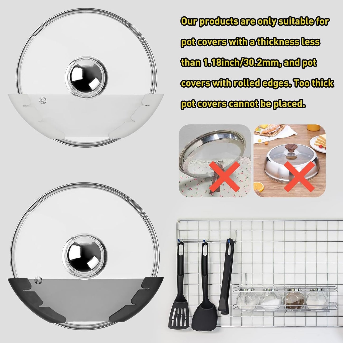 Universal Pot Lid Organizer for Cabinet, 5 Pcs Pan Lids Organizers Inside Cabinet Door Wall Mount Pots Top Storage Rack Holder for Kitchen, Fits 6" to 13.5" (5pcs black)