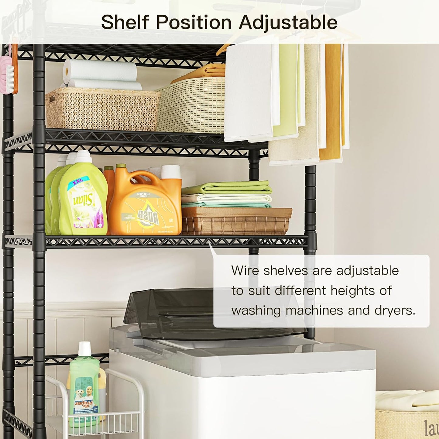 U11 Over Washer and Dryer Shelves, 3 Tiers Laundry Room Storage and Organizer Standing Shelf, Metal Freestanding Clothes Drying Rack, 33.9" W x 19.7" D x 77.6" H, Black
