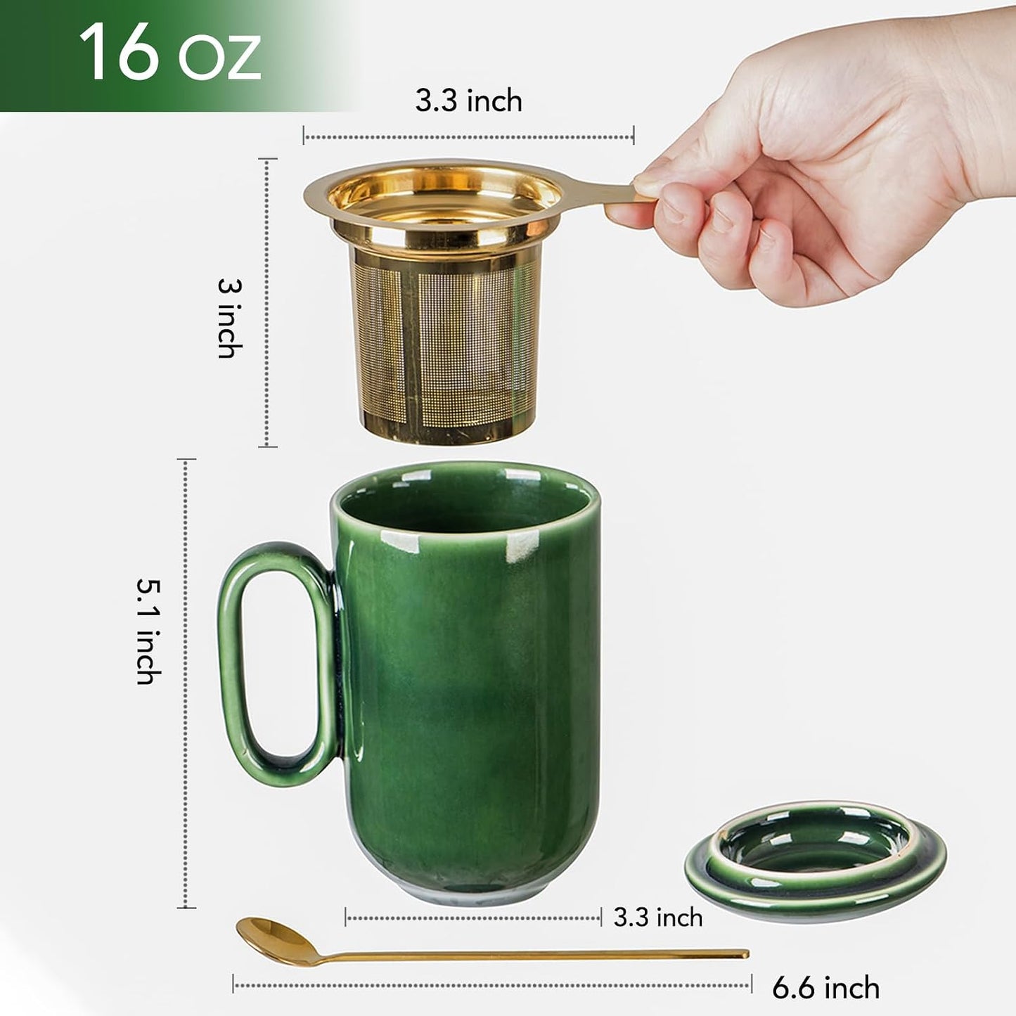 Ceramic Tea Cup Mug Infuser - VICRAYS Large 16 oz Hot Loose Steeping Handle Teacup with Leaf Infuser Spoon Lid - Blue Tall Glazed Strainer Coffee Mug Microwave Safe - Blue