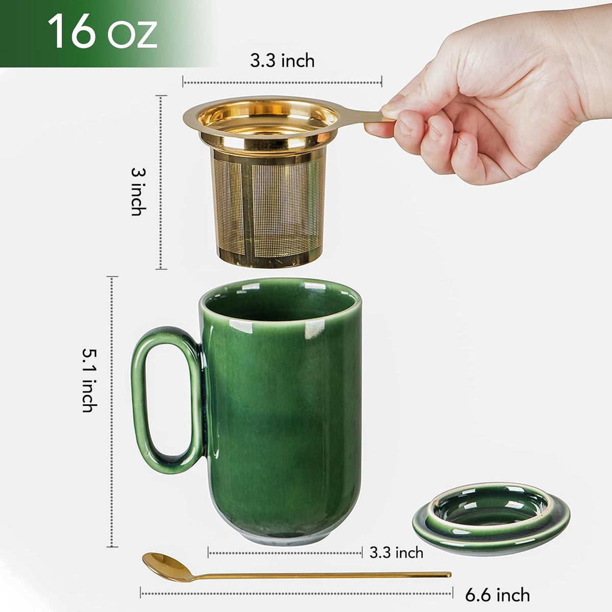 Ceramic Tea Cup Mug Infuser - VICRAYS Large 16 oz Hot Loose Steeping Handle Teacup with Leaf Infuser Spoon Lid - Blue Tall Glazed Strainer Coffee Mug Microwave Safe - Blue