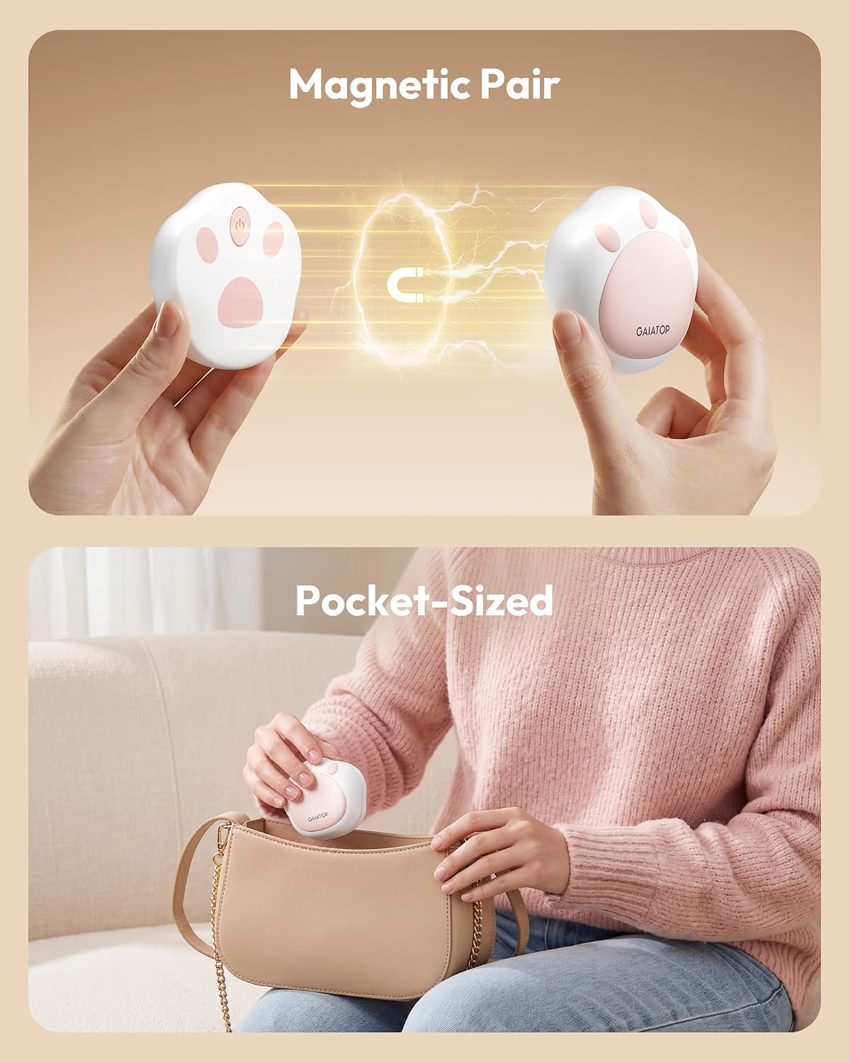 Gaiatop Hand Warmers Rechargeable, 2 Pack Pocket Warmer Cute Cat Paw | Magnetic, 3 Levels, Reusable Portable Electric Heater, Travel Essentials, Stocking Stuffers, Gifts for Women, Men, Cat Lover