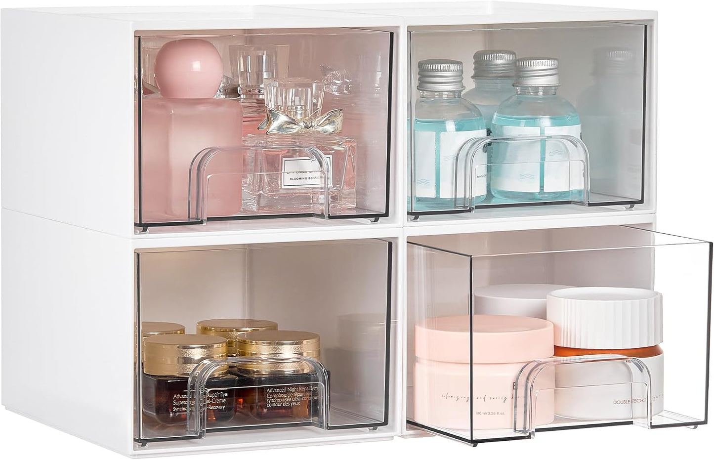 Vtopmart 4 Pack Small Clear Stackable Storage Drawers, Fits Narrow Spaces | Multi-Use Plastic Bins for Bathroom Cabinet Organizer, Makeup, Desk, Vanity, Undersink, Medicine ,Keeps Small Items Organized