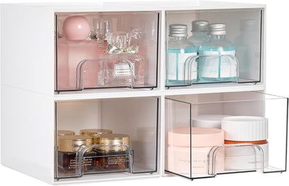 Vtopmart 4 Pack Small Clear Stackable Storage Drawers, Fits Narrow Spaces | Multi-Use Plastic Bins for Bathroom Cabinet Organizer, Makeup, Desk, Vanity, Undersink, Medicine ,Keeps Small Items Organized