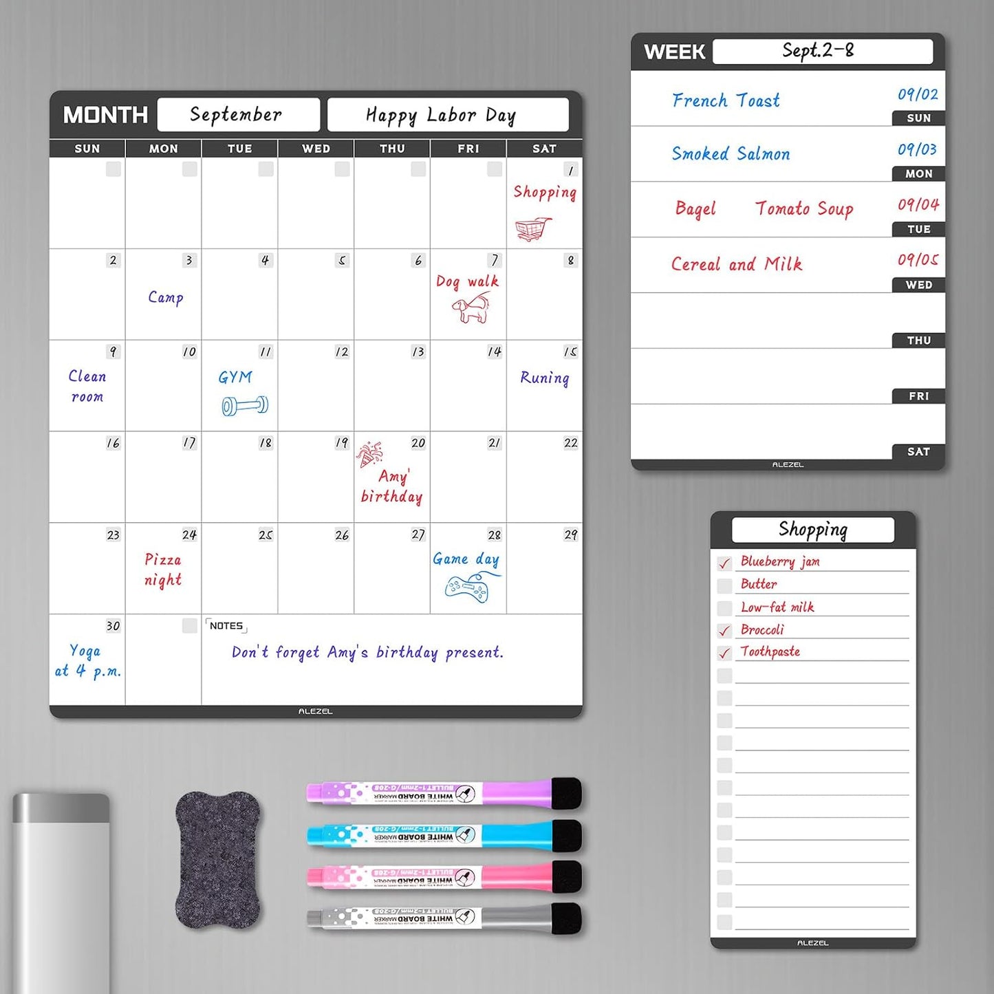 ALEZEL Magnetic Dry Erase Calendar for Refrigerator, Fridge Calendar Set | Includes Vertical Magnetic Monthly Planner Whiteboard & Weekly Dry Erase Board, List Board, 4 Markers + Eraser