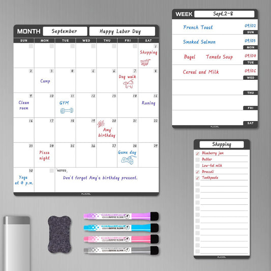 ALEZEL Magnetic Dry Erase Calendar for Refrigerator, Fridge Calendar Set | Includes Vertical Magnetic Monthly Planner Whiteboard & Weekly Dry Erase Board, List Board, 4 Markers + Eraser