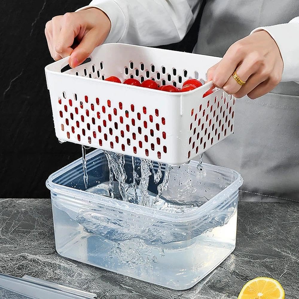 Yuonry 4 in 1 Food Storage Container, Fruit Storage Containers for Fridge, Produce Containers with Lid and Strainer, Including Drain Basket, Multipurpose Large Fruit Container for Fridge(Blue)