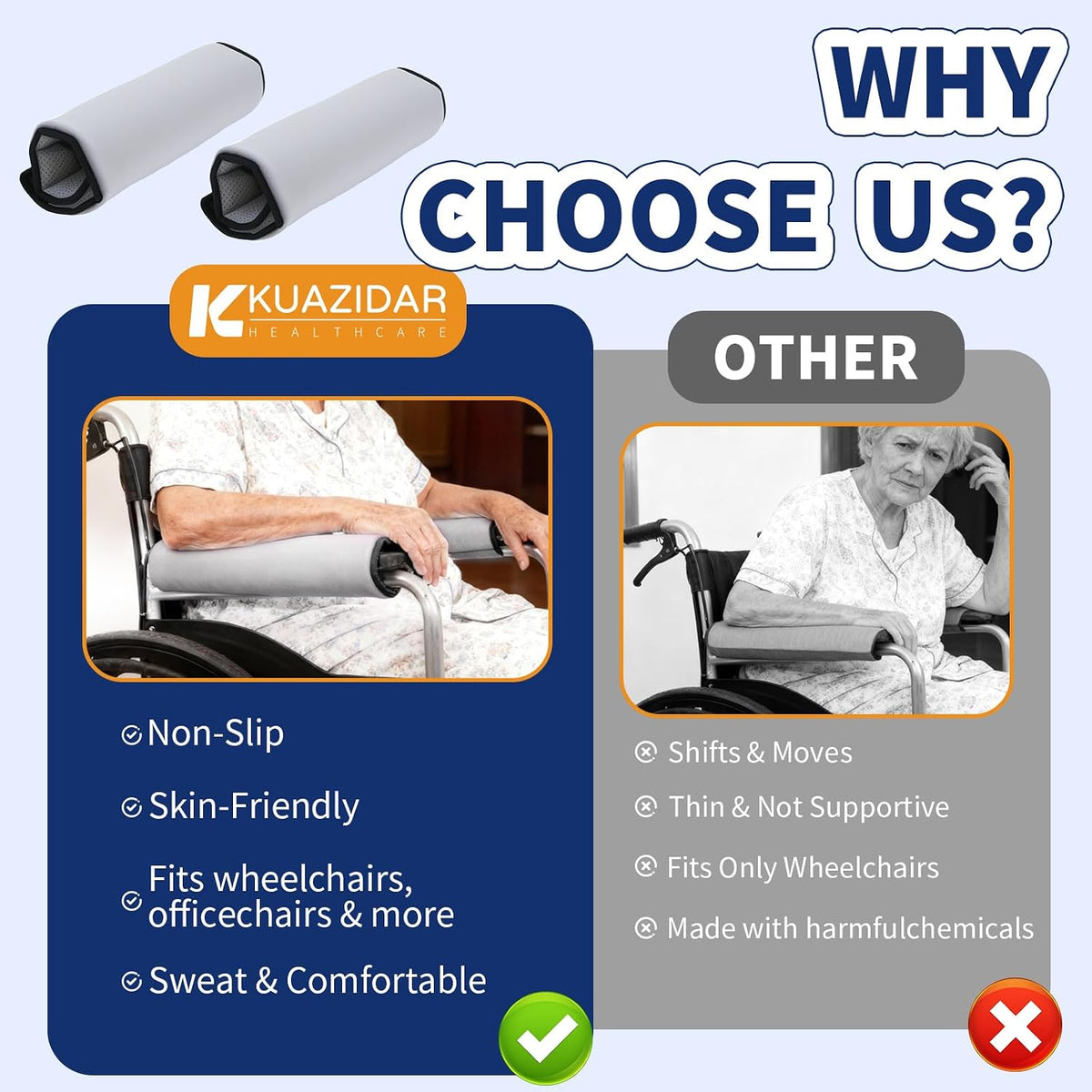Wheelchair Armrest Covers (Pair)-Memory Foam Wheelchair armrest Pads Wicking Washable Non Slip Arm Rest Cover Cushion Pad for wheelchairs Office Chairs armchairs (Blue-Gray)