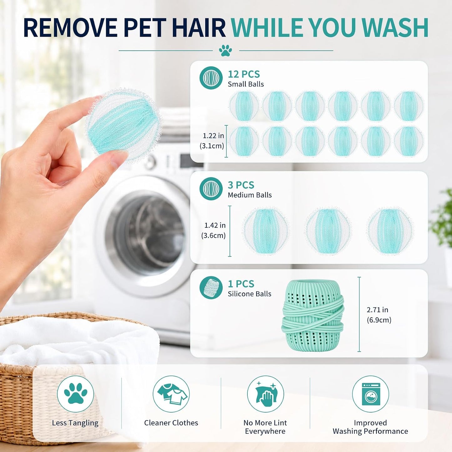 16PCS Pet Hair Remover and Laundry Ball Set, Reusable Dog Hair Remover for Laundry, Lint Catcher Laundry Ball in Washing Machine, Pet Hair Catcher for Clothes, Bedding