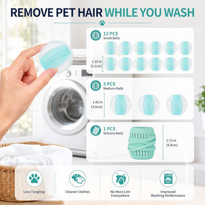 16PCS Pet Hair Remover and Laundry Ball Set, Reusable Dog Hair Remover for Laundry, Lint Catcher Laundry Ball in Washing Machine, Pet Hair Catcher for Clothes, Bedding